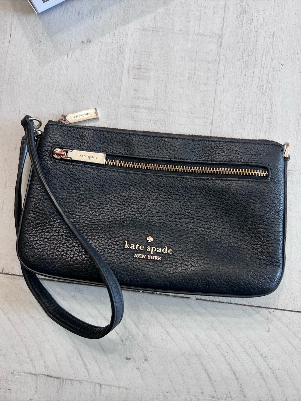 kate spade Black Pebbled Leather Wristlet with Gold Hardware